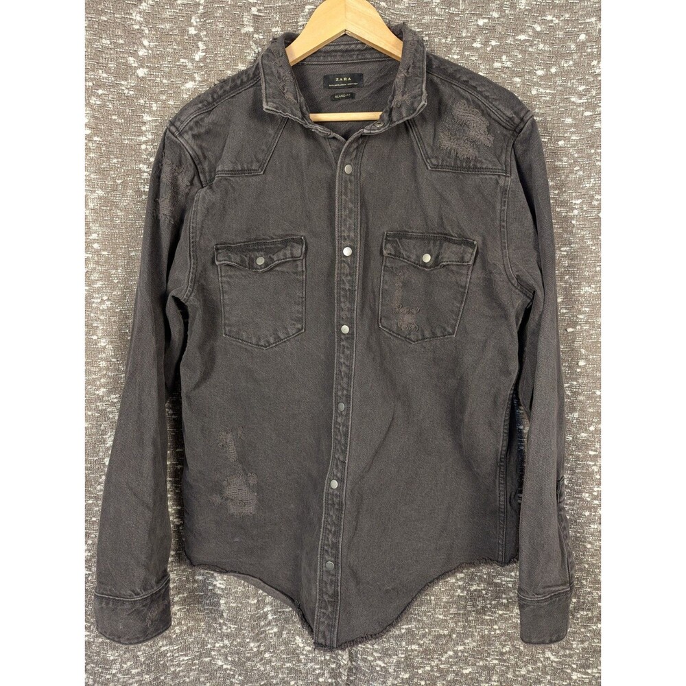 Zara Black Distressed Denim Relaxed Fit Jacket Women's Size XL 100% Cotton